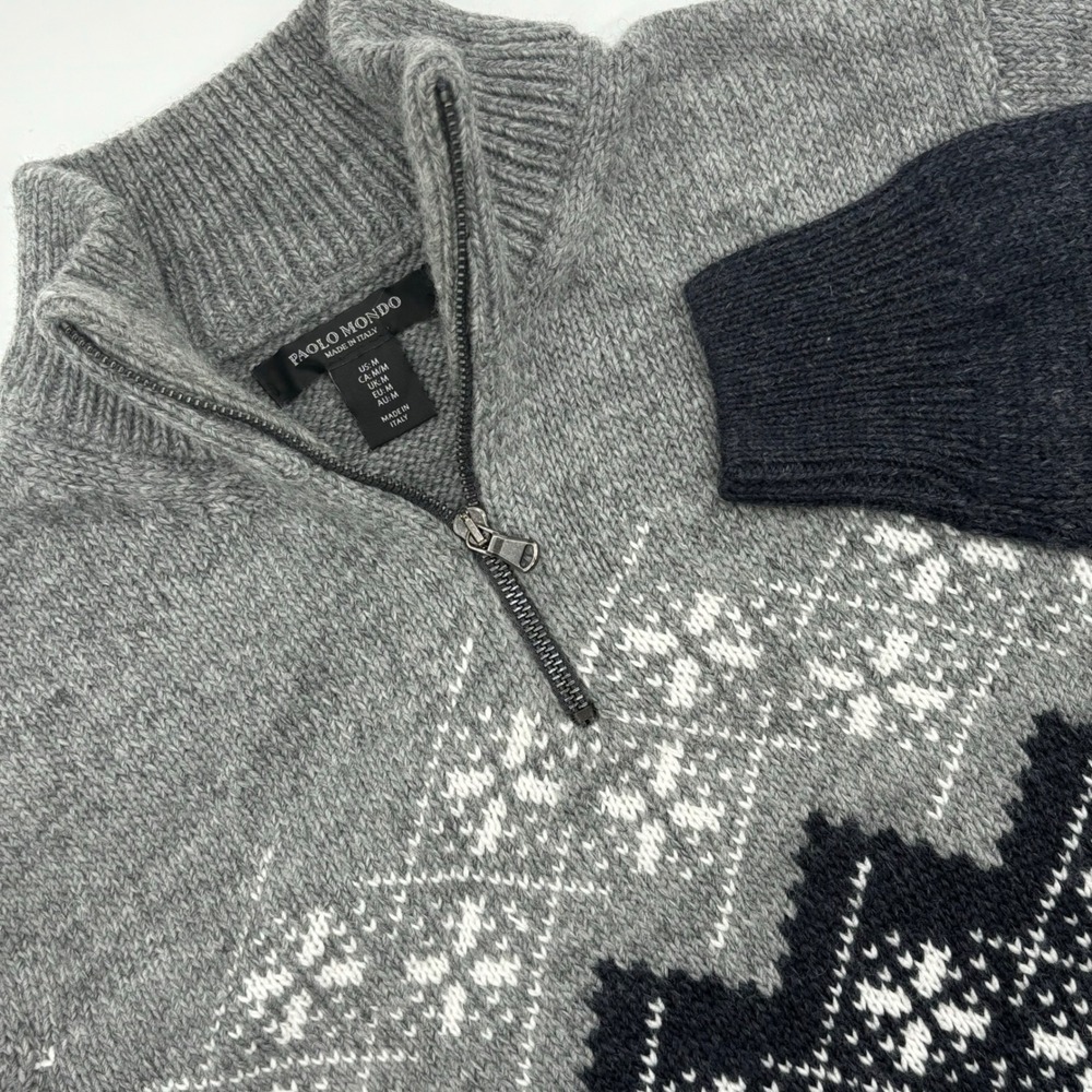 Paolo Mondo Italian Wool Blend Gray Snowflake‎ Quarter Zip Pullover Sweater